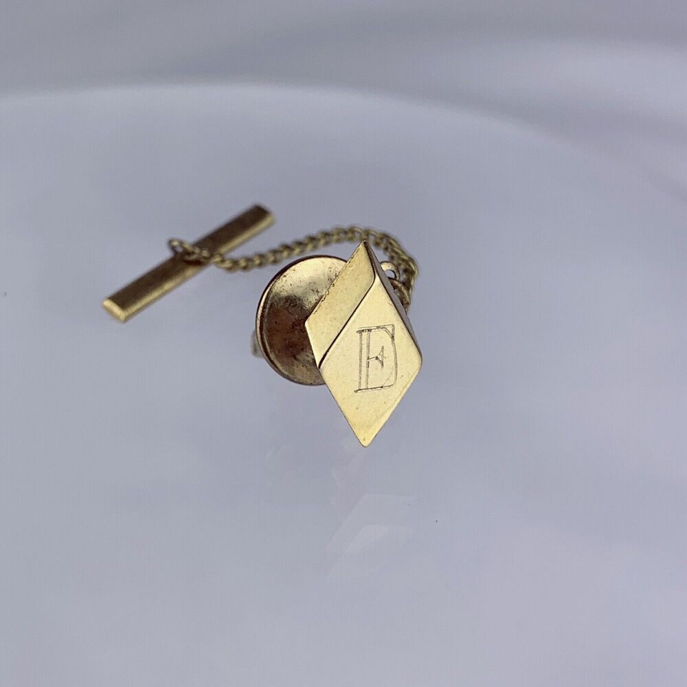 E Initial Monogram Gold Tone Tie Pin Tack Polished Metal Diamond Vintage O1